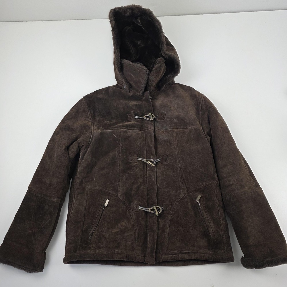 Guess Jacket Women Medium Brown Leather Hooded Toggle Winter Coat Faux Fur Lined